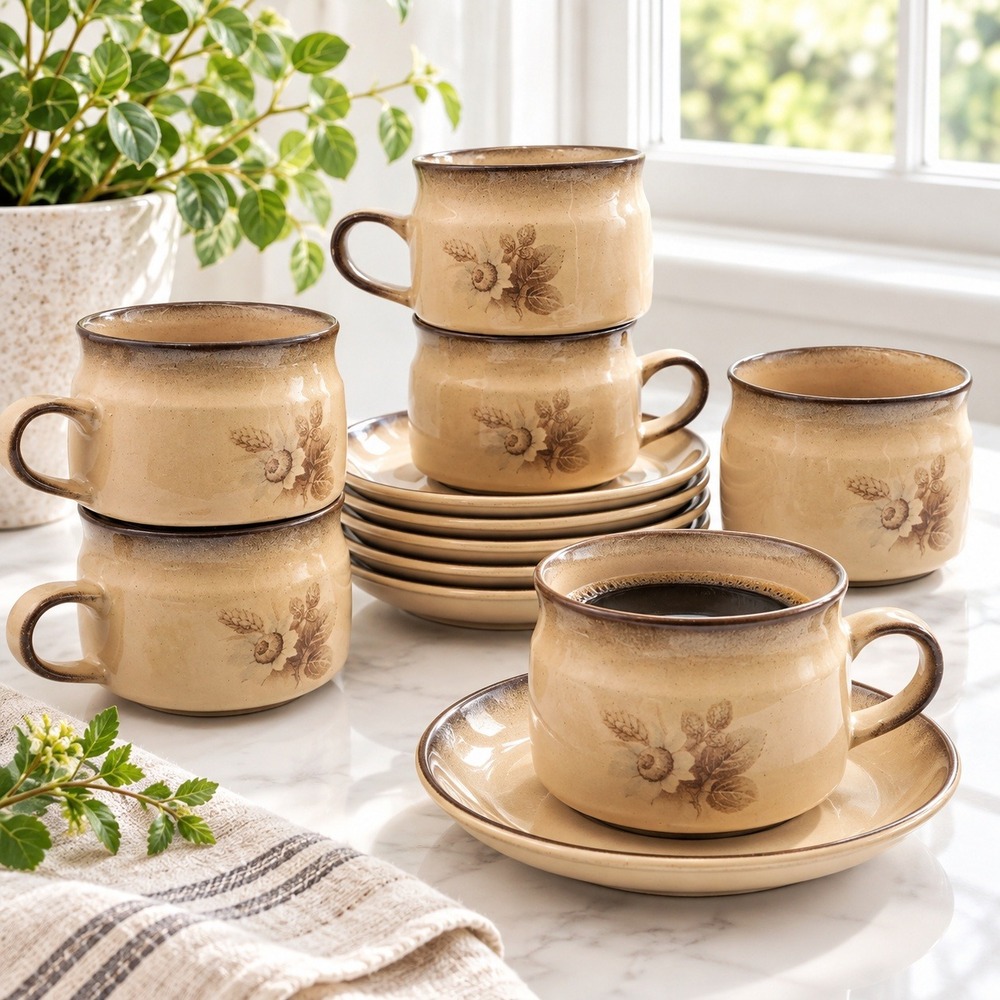 Denby Memories Stoneware Mugs and Saucers Set of 6 Vintage England Floral Tan